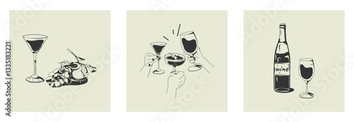 Posters with wine, glasses, grapes and tangerine on a plate, hands with cocktails. A hand-drawn ink vector illustration for menus, backgrounds, restaurants, branding, prints, and social media posters.