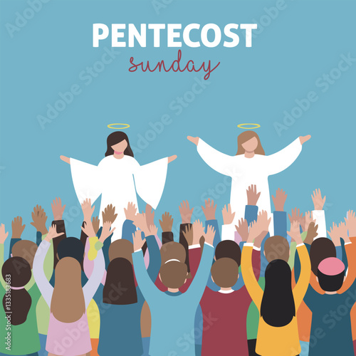 A vibrant illustration depicting a large crowd raising their hands in praise during Pentecost Sunday.