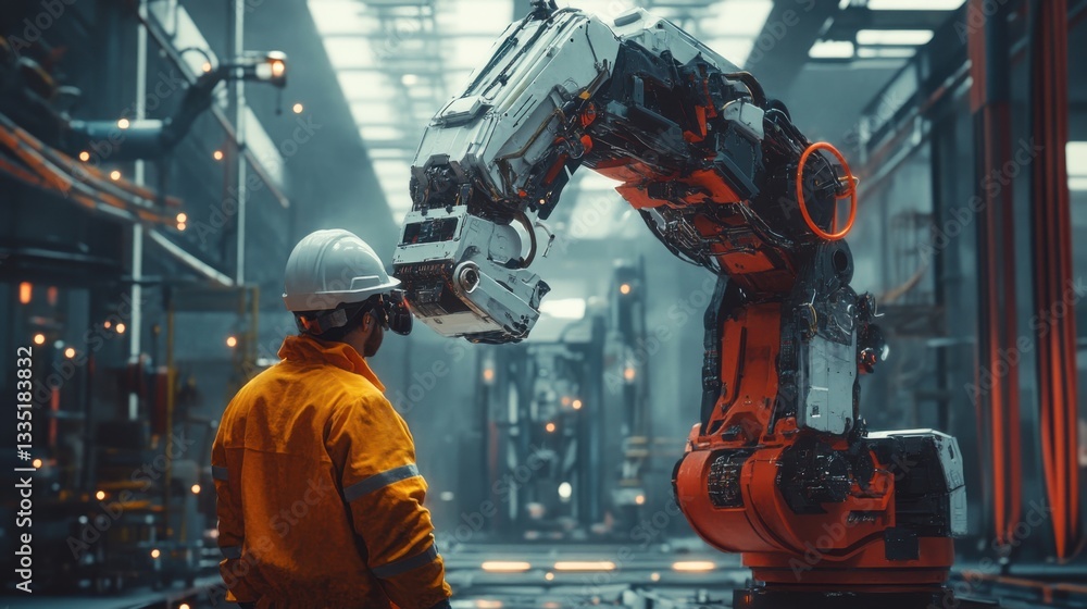 Engineer with helmet observes robotic arm. Industrial factory interior. Modern technology. Orange jumpsuit. White hardhat. Metal structure. Sparks. Heavy industry. Advanced manufacturing. Engineer with helmet observes robotic arm. Industrial factory interior. Modern technology. Orange jumpsuit. White hardhat. Metal structure. Sparks. Heavy industry. Advanced manufacturing.