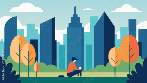 Nature in Shadow An of a large city park overshadowed by tall skyscrapers with a lone person sitting on a bench reading a book ignoring the surrounding nature.