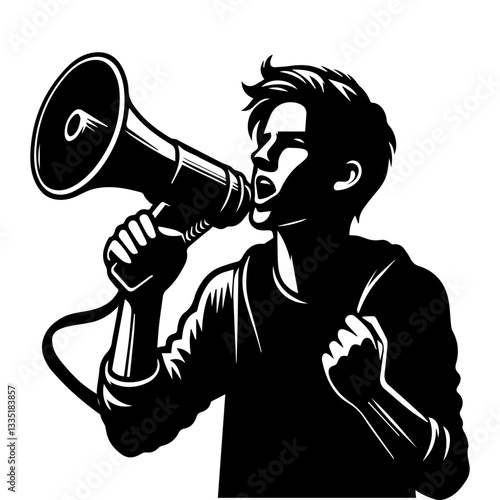Black and white silhouette of a man with a megaphone. Vector graphics. EPS.