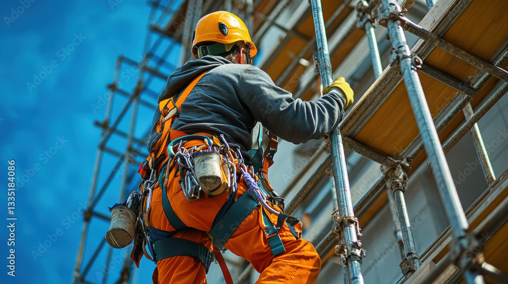 Fototapeta premium Construction worker climbing metal scaffolding. Person wears safety gear on a sunny day against a blue sky. Construction site with metal structure.
