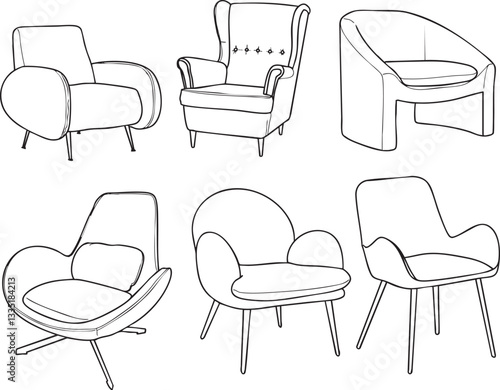 Illustrations fauteuils styles différents design intérieur décoration traits noir vecteur