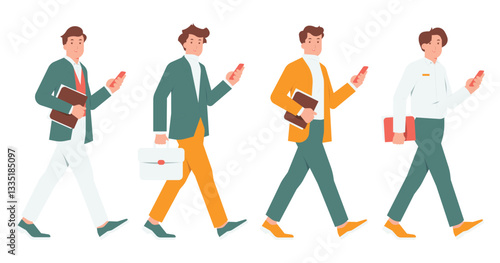 Set flat illustration of businessman walking holding briefcase, documents, and smart phones wearing formal attire clothes isolated on transparent background