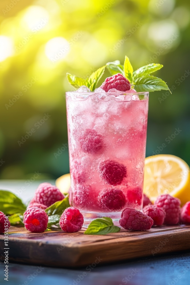 Close up detail of raspberry lemonade with ice served in a clear cup garnished with raspberries lemon and leaf on wooden surface Close up detail of raspberry lemonade with ice served in a clear cup garnished with raspberries lemon and leaf on wooden surface