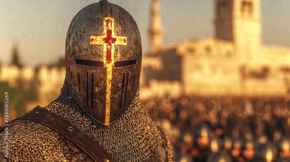 Obraz premium Templar Knight Gazing Towards Jerusalem on a Sunny Day