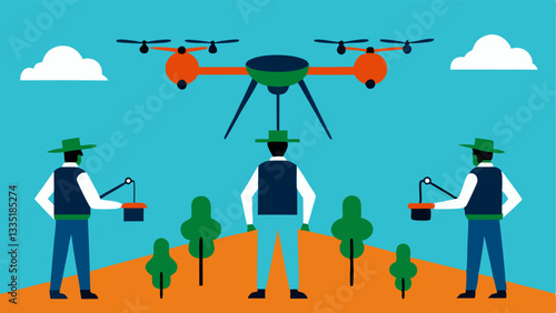 Pesticide Rain Large corporate drones spraying pesticides over a field while small farmers look up alarmed and unable to do anything.