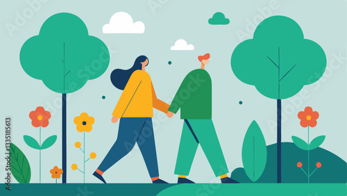 Nature Walk Two figures walking together in a park with trees and flowers around symbolizing healing and the benefits of sharing nature with a friend.