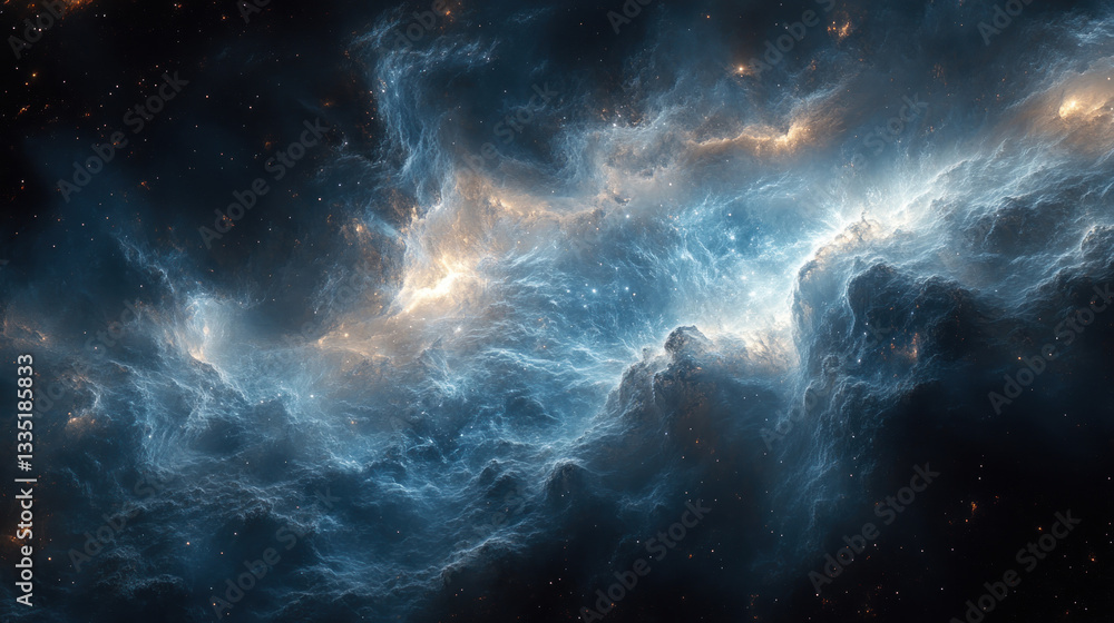Fototapeta premium a cosmic nebula filled with glowing clouds of gas and dust. In the center of the composition, bright blue-white clouds glow against the dark background of space, 
