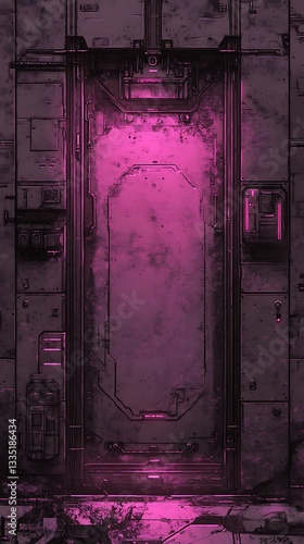 Sci-fi metal door illuminated with pink light for virtual world & gaming backdrop