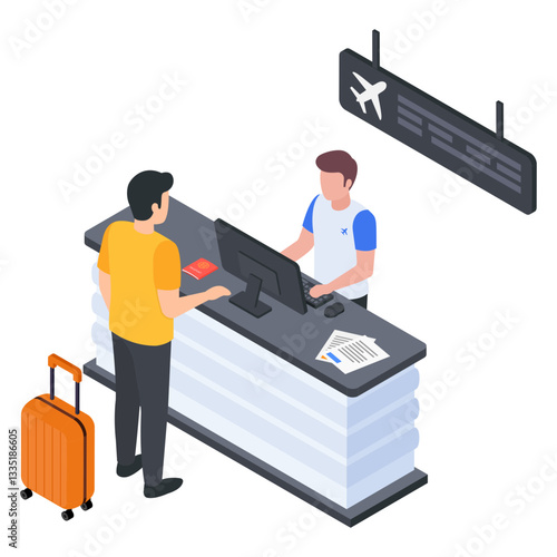 Checking in at the airport counter, Isometric Illustration