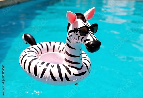 Obraz na płótnie zebra in sunglasses rubber float swimming in the pool w salonie