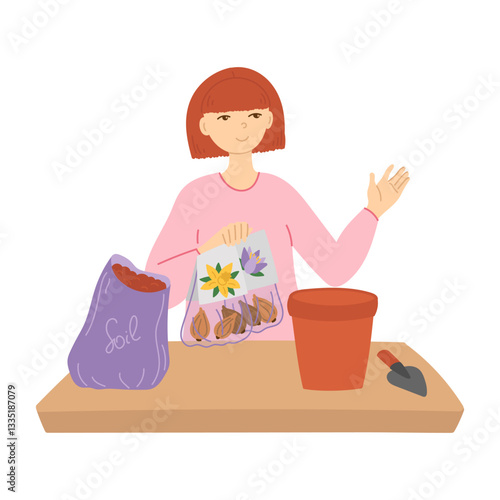 Woman planting flower bulbs in pot in flat cartoon design. Gardener using lasagna technology with layers for narcissus and crocus blooming. Gardening and seasonal flowerpots. Vector illustration