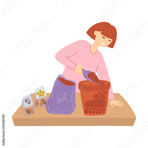 Woman planting flower bulbs in pot in flat cartoon design. Gardener putting soil layer for lasagna technology growing. Gardening and seasonal flowerpots in cut view. Vector illustration