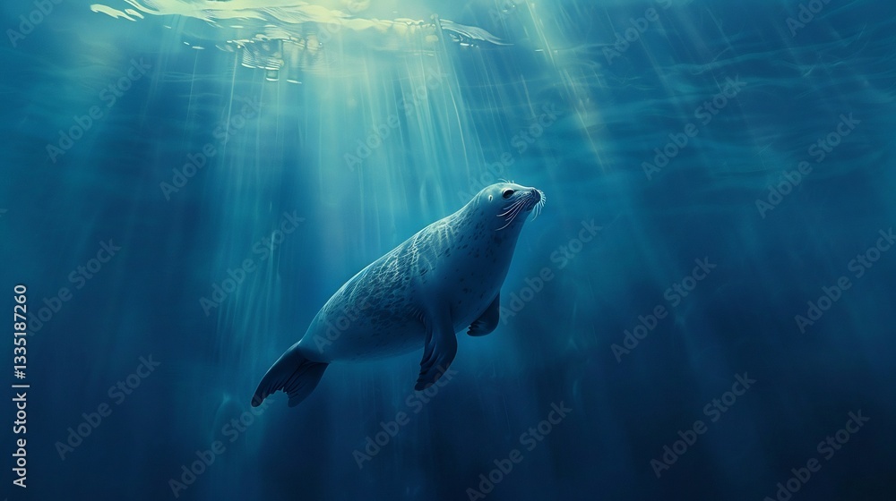 Obraz premium Solitary seal form perfect harmony of power grace glide through deep blue ocean filtered sunlight above accentuates fine details of coat while surrounding water creates otherworldly dreamlike ambiance