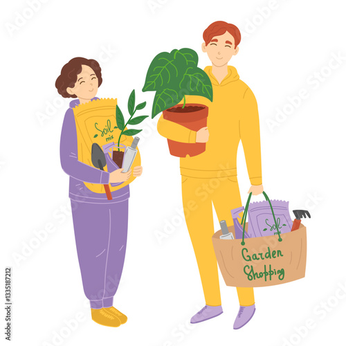Man and woman shopping in garden store in flat cartoon design. Happy buyers holds houseplant and bag with soil mix packages, seedlings, spray bottles and other gardening tools. Vector illustration