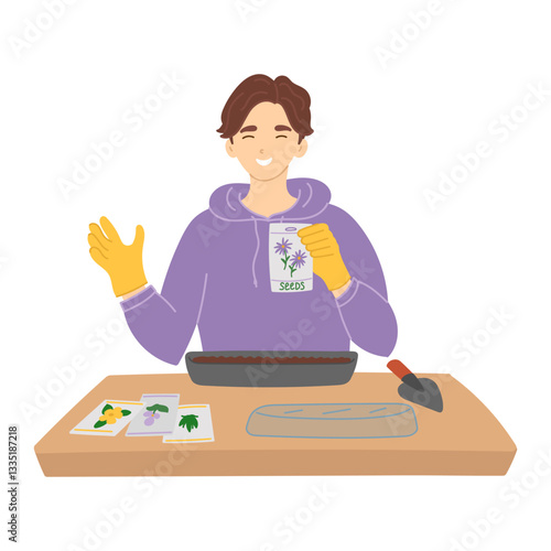 Man sowing seeds in spring in flat cartoon design. Happy gardener holding paper package with flower seeds and preparing growing tray with soil for planting. Gardening and farming. Vector illustration