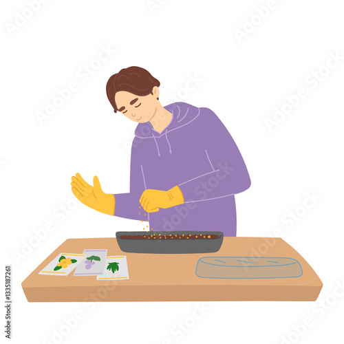 Man sowing seeds in spring in flat cartoon design. Gardener sprinkles flower yellow dragees at soil in growing tray. Gardening tools, germination time and farming equipment. Vector illustration