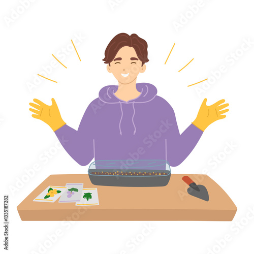 Man sowing seeds in spring in flat cartoon design. Happy gardener waiting flower seedlings in growing box. Gardening tools, plant germination at springtime and farming equipment. Vector illustration