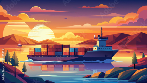 Serene sunset over the ocean, a large container ship navigates calm waters, creating tranquil maritime scene