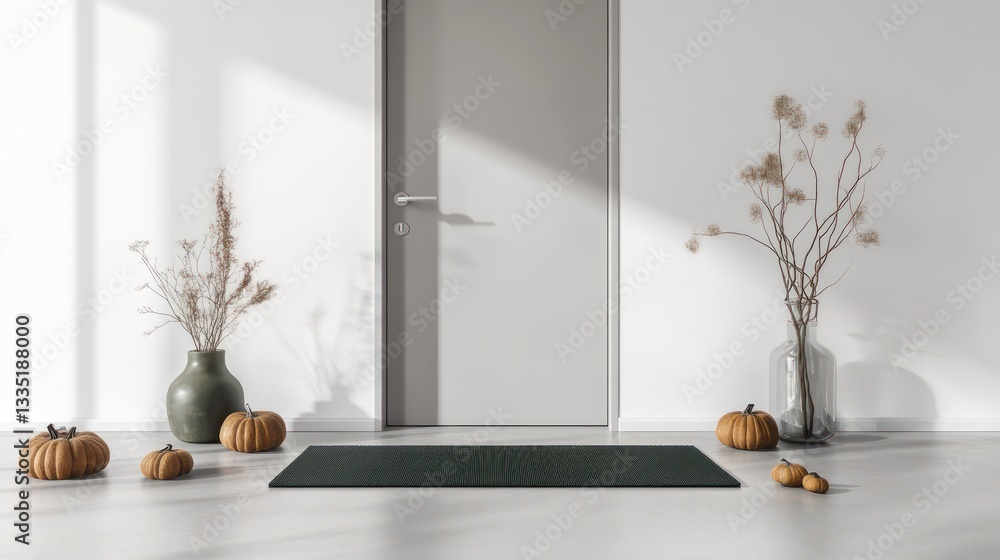 A sleek and modern entryway with a dark green doormat placed in front of a light grey door