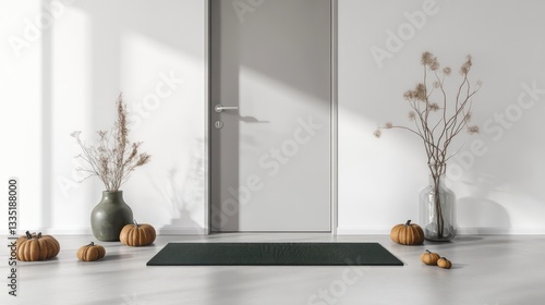 Obraz na płótnie A sleek and modern entryway with a dark green doormat placed in front of a light grey door w salonie