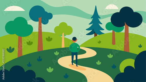 Nature Walk A character walking along a winding path through a lush forest symbolizing taking time to connect with nature as a way to ease anxiety about the future.