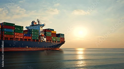 Frames A wide-angle shot capturing a gigantic container ship cruising  s-muted-pastel, a-2, 14675948