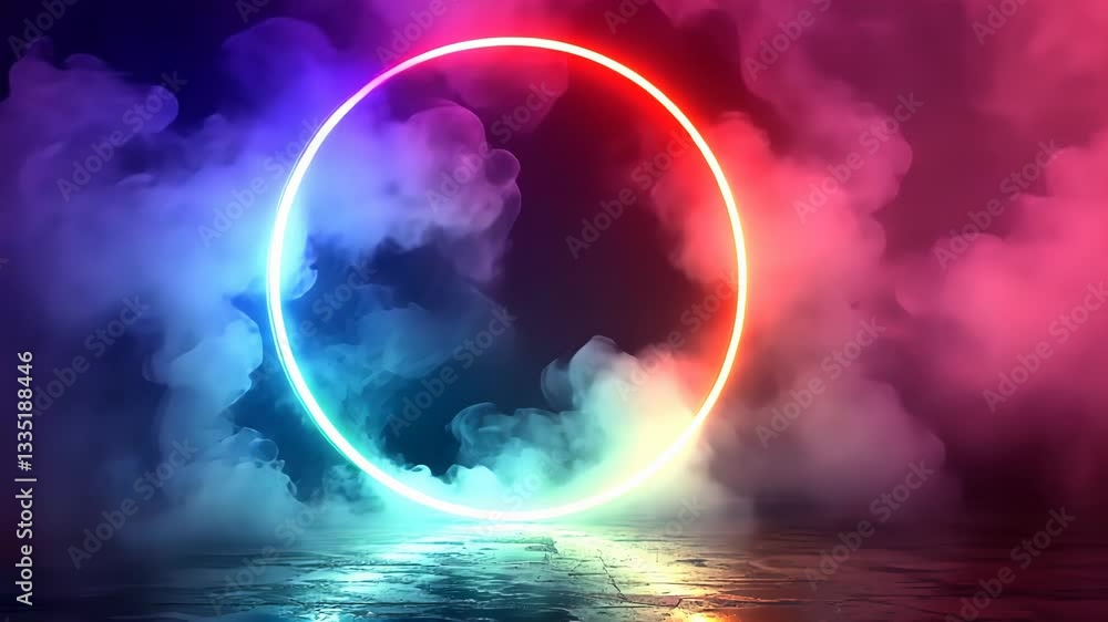 Neon circle in a smoky, vibrant atmosphere Neon circle in a smoky, vibrant atmosphere