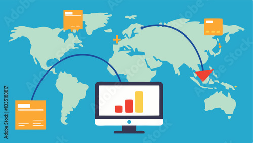 Route Optimization Map A stylized map with curved arrows showing multiple shipping routes converging at a destination alongside a computer screen displaying a graph with optimized