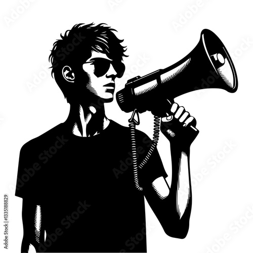 Black and white silhouette of a man with a megaphone. Vector graphics. EPS.