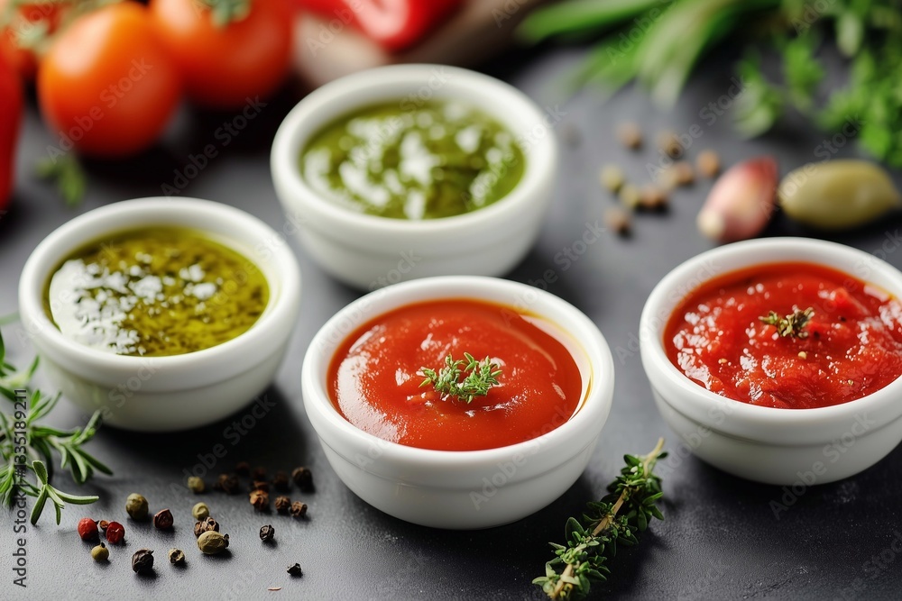 Various vibrant sauces are arranged in small bowls on a kitchen countertop, surrounded by fresh herbs and vegetables. The setup showcases preparation for a culinary creation. Various vibrant sauces are arranged in small bowls on a kitchen countertop, surrounded by fresh herbs and vegetables. The setup showcases preparation for a culinary creation.