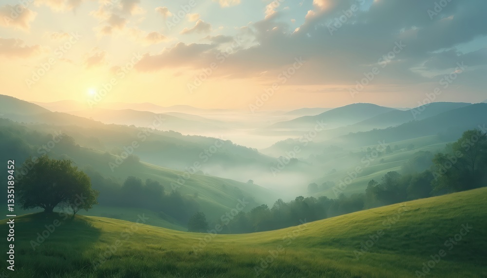 Fototapeta premium Misty sunrise over rolling hills in serene countryside. Ethereal ambiance with morning mist. Generative AI landscape with sun peeking through clouds, tranquil nature scene. Green grass, trees on
