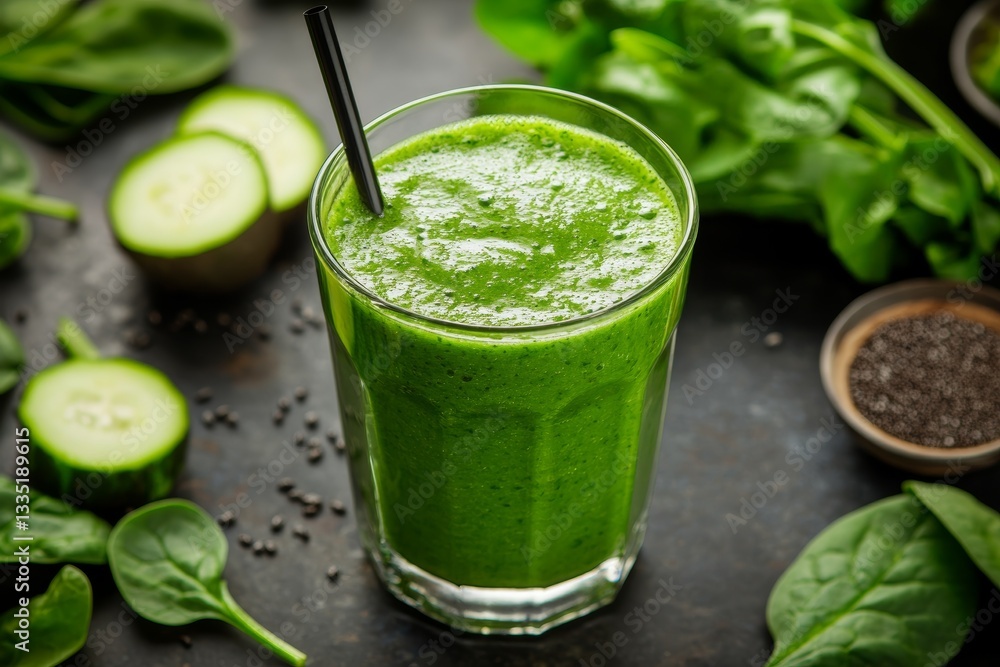 Fresh Green Vegetable Smoothie with Spinach Leaves and Healthy Ingredients on Table Fresh Green Vegetable Smoothie with Spinach Leaves and Healthy Ingredients on Table