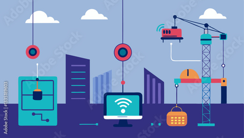 Sensors and Monitors An illustration with several sensors installed on a construction site connected to a central graphic showing the digital model being updated based on sensor