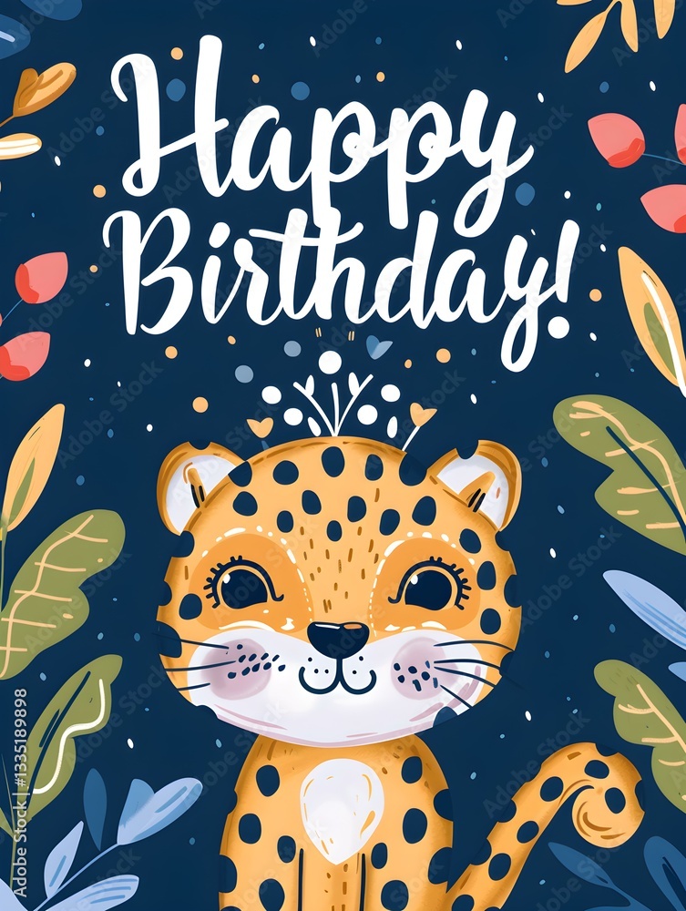 Naklejka premium Happy Birthday Card with a cute Leopard Illustration on a navy blue Background