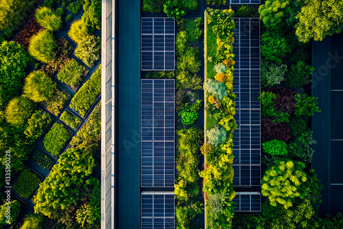 Aerial view of a sustainable green roof with solar panels and lush vegetation, promoting eco-friendly architecture and renewable energy integration in urban environments photo