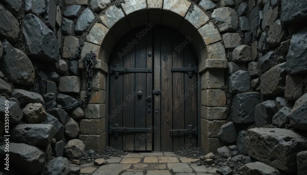 Ancient Stone Doorway in a Dark Dungeon Environment Ancient Stone Doorway in a Dark Dungeon Environment