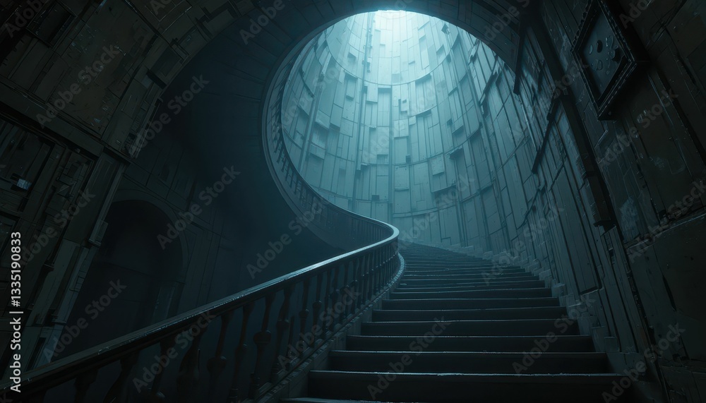 Fototapeta premium Mysterious Spiral Staircase in Dimly Lit Abandoned Structure