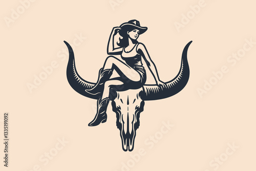 Vintage cowgirl sitting on longhorn skull, Western engraving logo, emblem