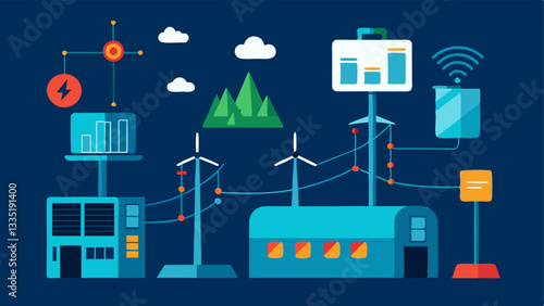 Smart Grid An aerial view of a power grid with stations alongside a digital representation that shows energy consumption data and grid performance analytics.