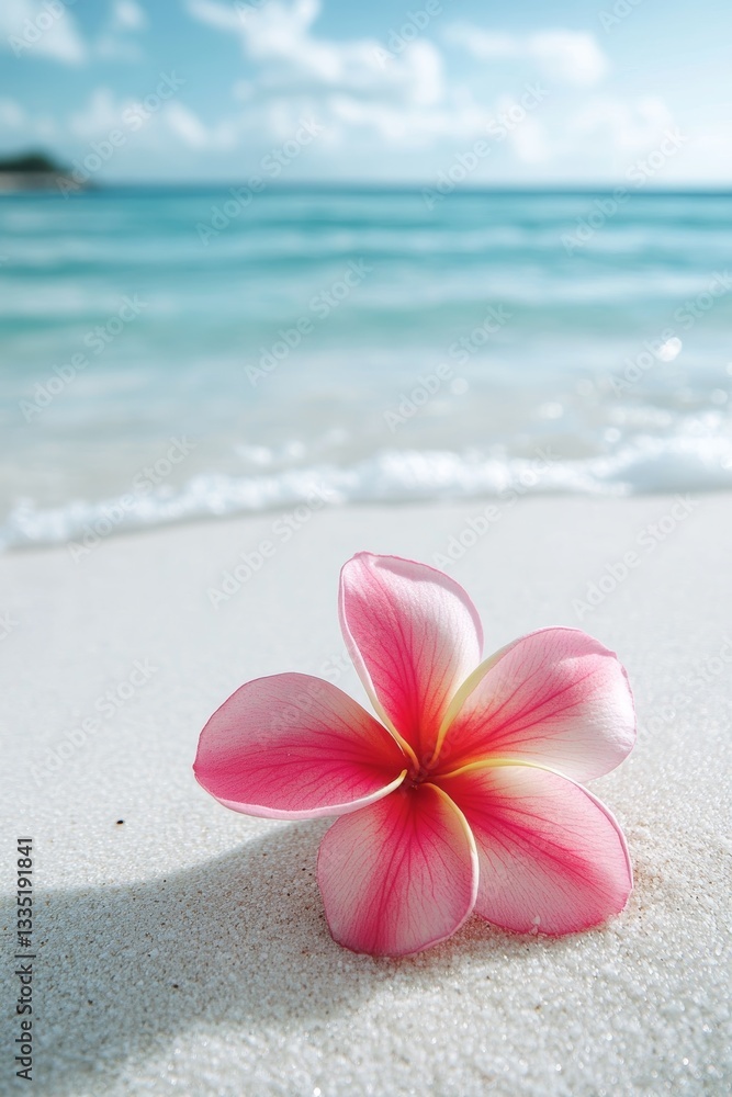 Serene Plumeria Flower on White Sandy Beach Against Clear Water Seascape View with Gentle Waves Serene Plumeria Flower on White Sandy Beach Against Clear Water Seascape View with Gentle Waves