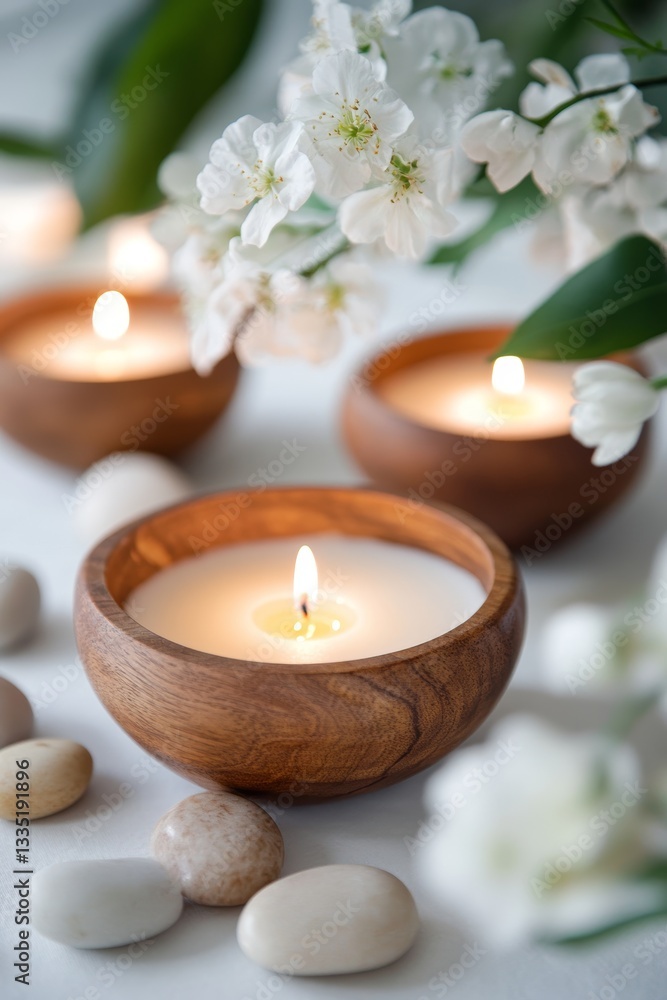 Serene Wellness Scene with Small Wooden Bowl and Candles Surrounded by Stones and White Flowers Serene Wellness Scene with Small Wooden Bowl and Candles Surrounded by Stones and White Flowers