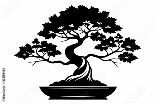 bonsai tree line art silhouette vector illustration