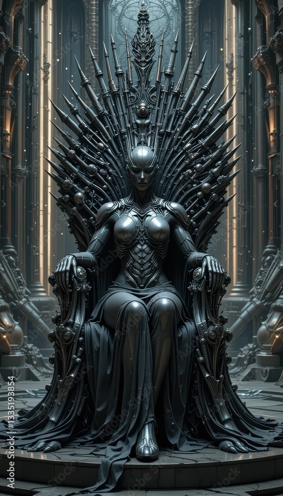 Futuristic Royal Figure on Intricate Metallic Throne in Dark Setting Futuristic Royal Figure on Intricate Metallic Throne in Dark Setting