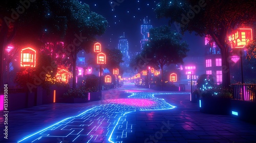 Fototapeta Naklejka Na Ścianę i Meble -  Cyberpunk city street at night neon lights and futuristic architecture digital art landscape wallpaper