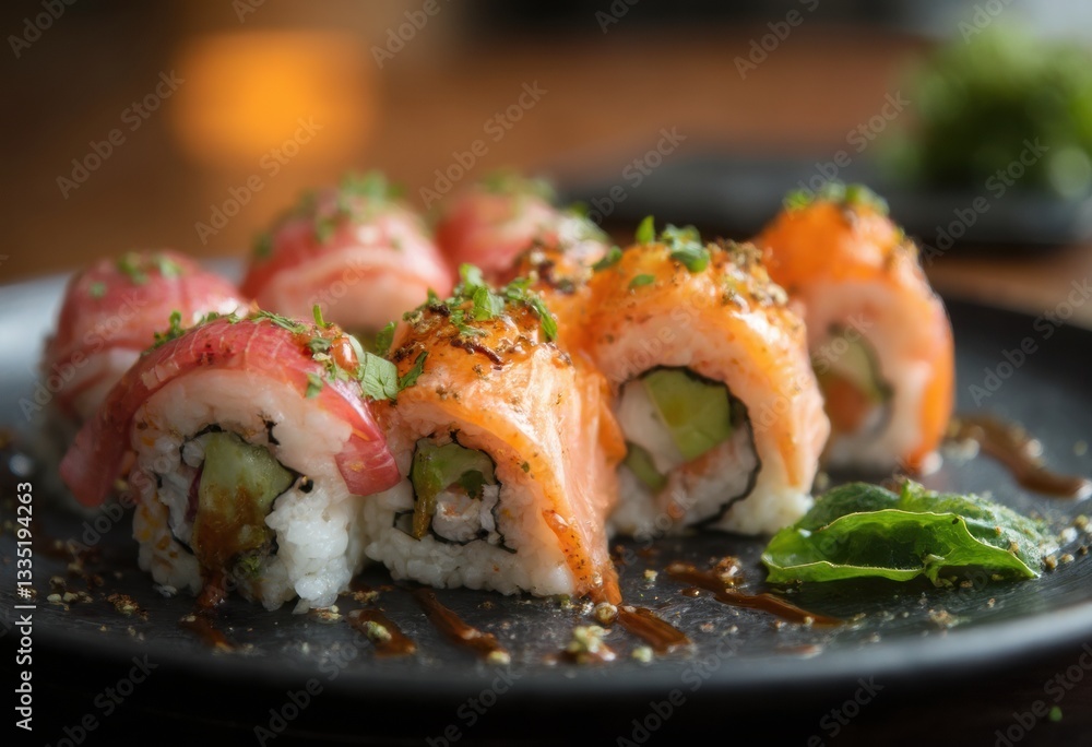 Sushi with Salmon, Cucumber, and Avocado on a Plate Sushi with Salmon, Cucumber, and Avocado on a Plate