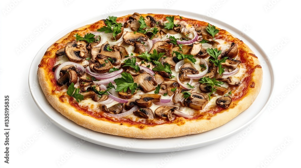 A large crispy crust pizza topped with roasted mushrooms A large crispy crust pizza topped with roasted mushrooms