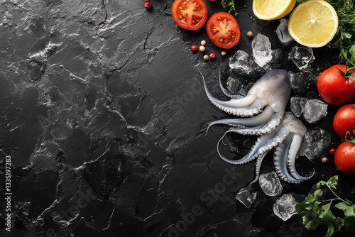 Fresh cuttlefish and squid on a black slate with ice lemon and tomato Aerial view with space for text