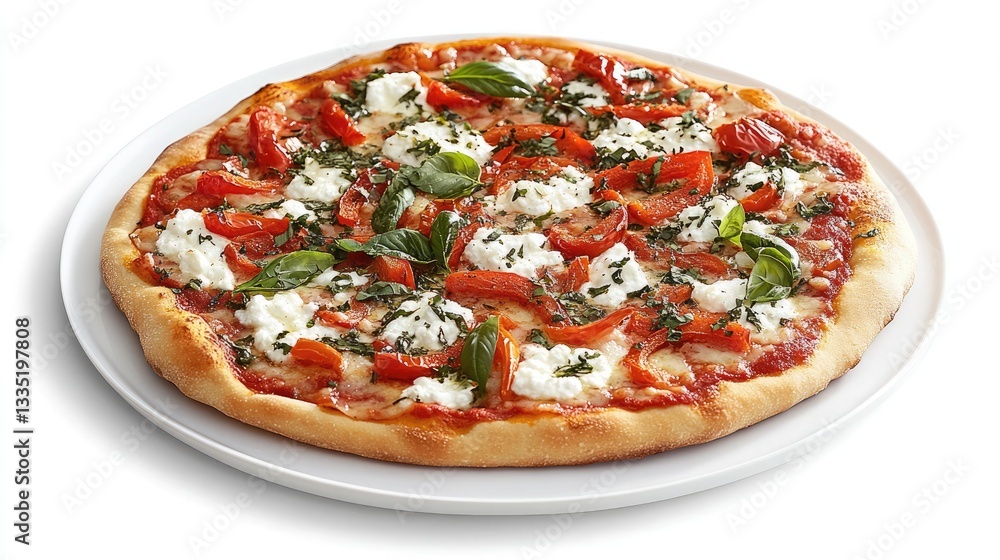 A round flatbread pizza topped with roasted red peppers A round flatbread pizza topped with roasted red peppers